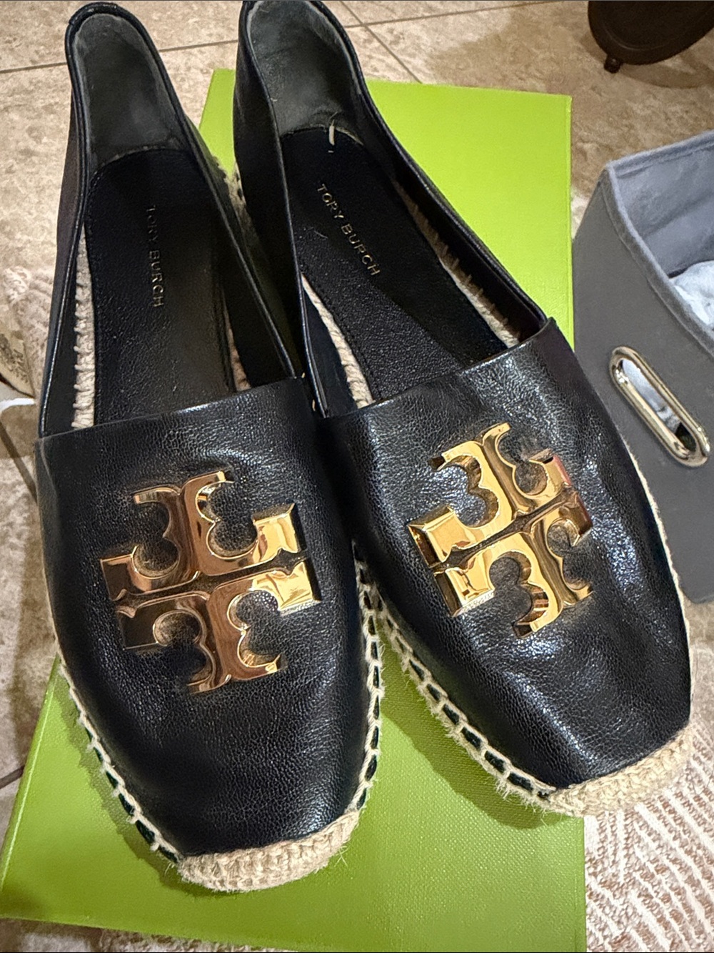 Tory Burch Black Leather Espadrille Flats with Gold Logo Medallions